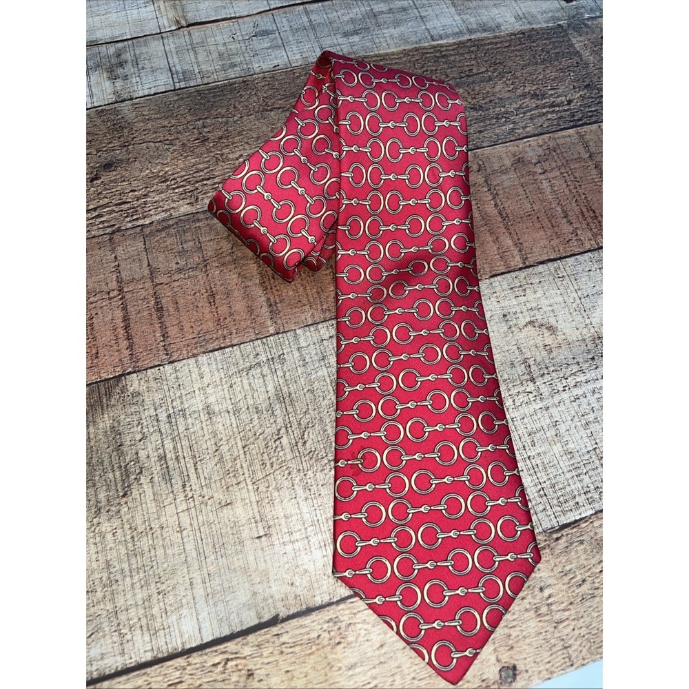 "Hermes Paris Snaffle Bit Red Gold Silk Tie" - Picture 1 of 3